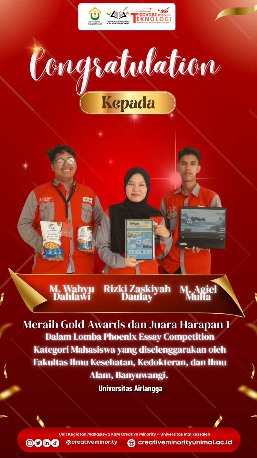 Mahasiswa Teknik Informatika Unimal Raih Gold Awards dan Juara Harapan I pada Phoenix Essay Competition 2026 di Universitas Airlangga