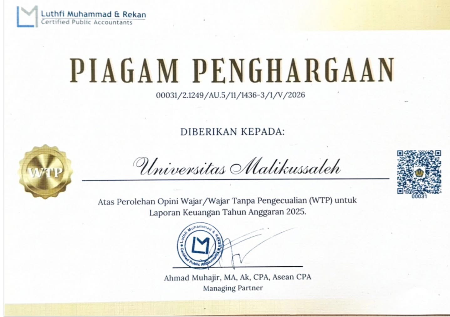 Penghargaan atas Perolehan Opini Wajar Tanpa Pengecualian (WTP) Laporan Keuangan Tahun Anggaran 2025