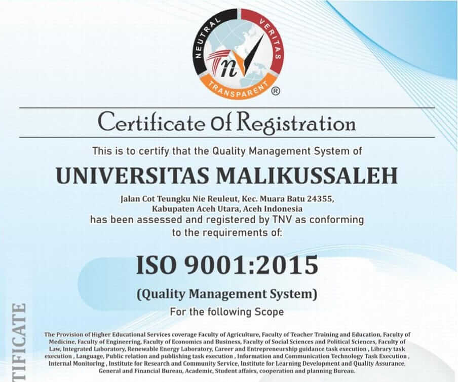 Sertifikat ISO 9001 Informatika Unimal